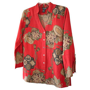 CITRON SANTA MONICA Size Small Red Silk Linen Button-Up 3/4 Sleeve Tunic Top